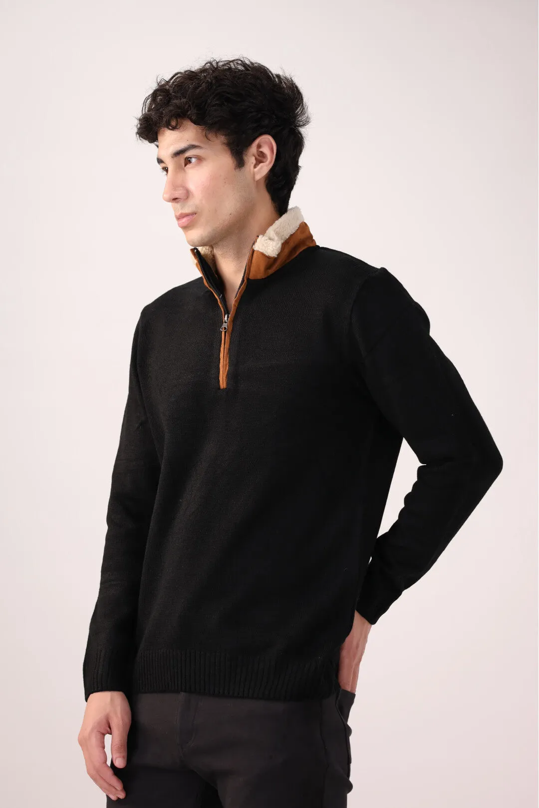 Black Quarter-Zip Cotton Sweater