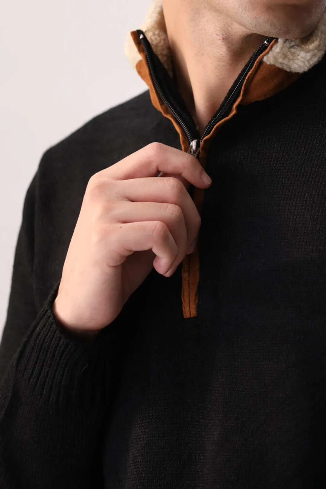 Black Quarter-Zip Cotton Sweater