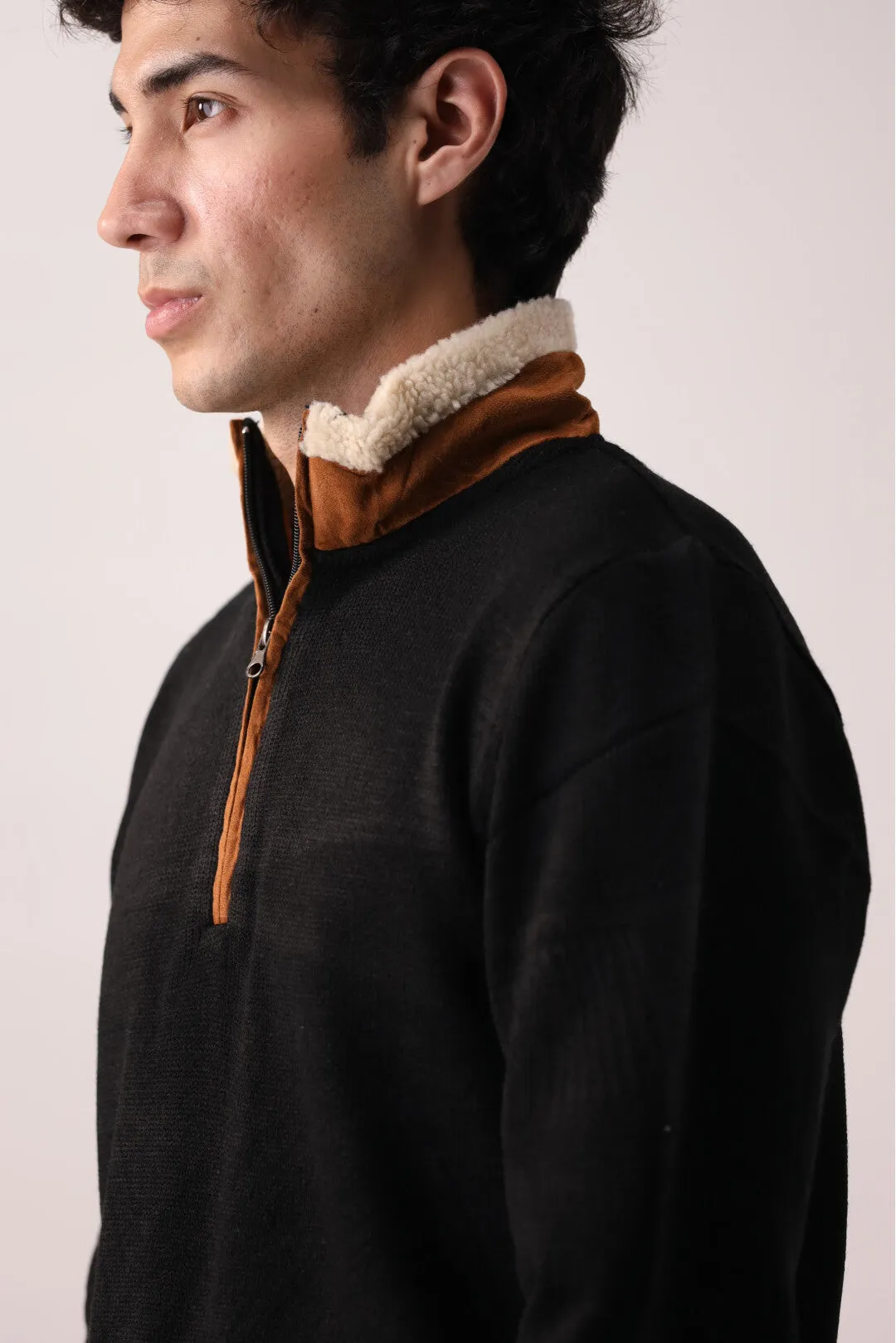 Black Quarter-Zip Cotton Sweater