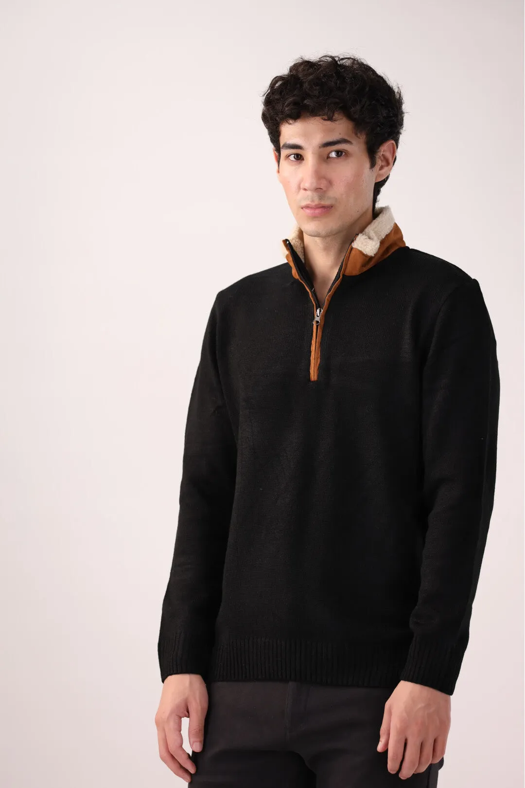 Black Quarter-Zip Cotton Sweater