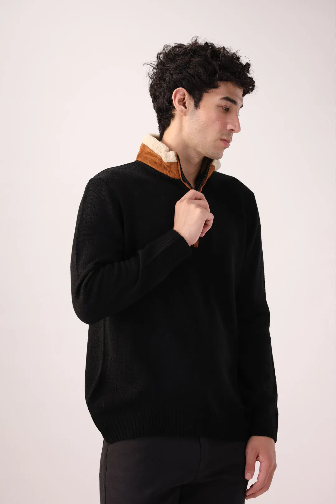 Black Quarter-Zip Cotton Sweater