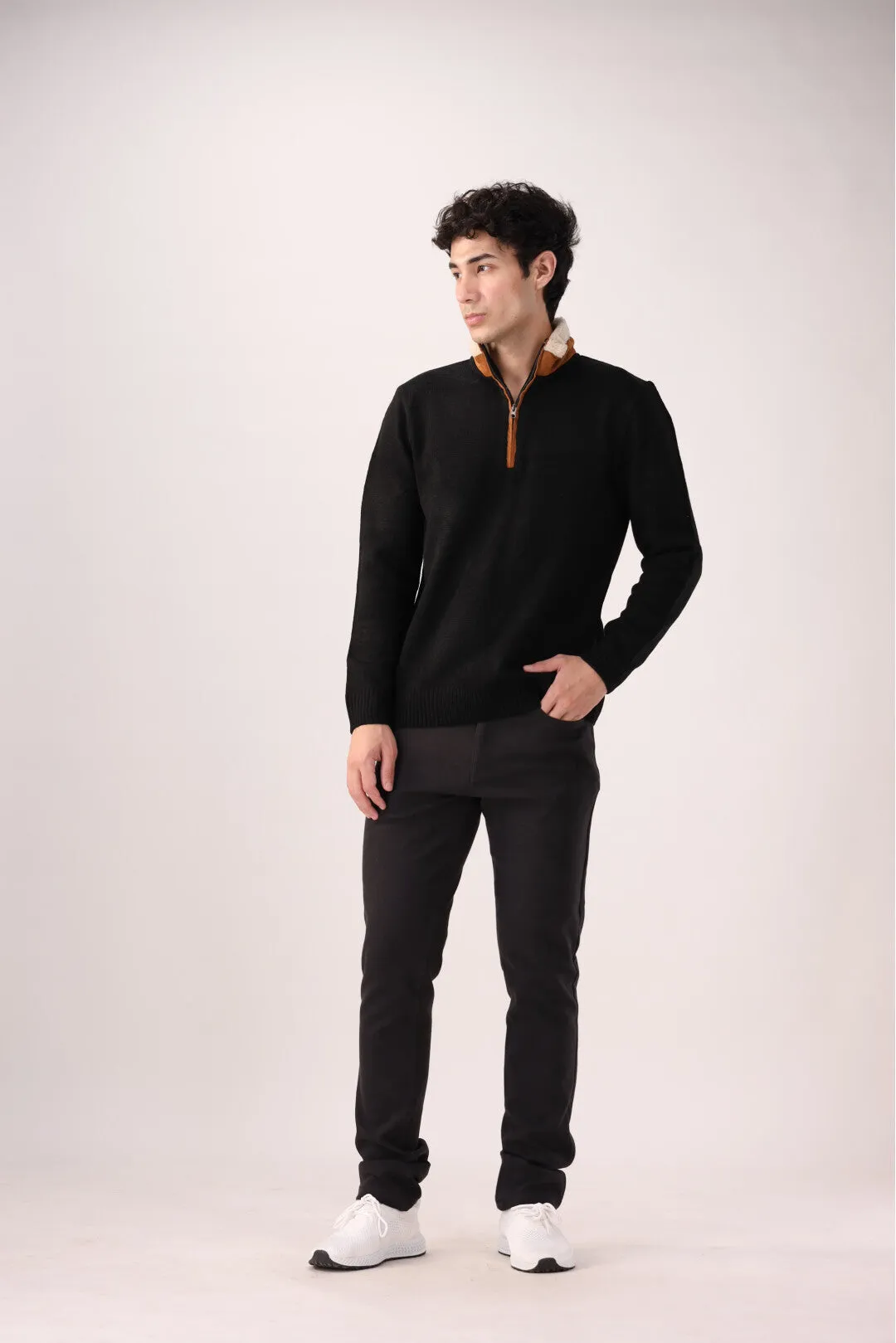 Black Quarter-Zip Cotton Sweater