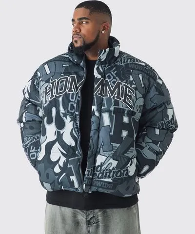 boohoo Mens Plus Printed Funnel Neck Mesh Puffer Jacket