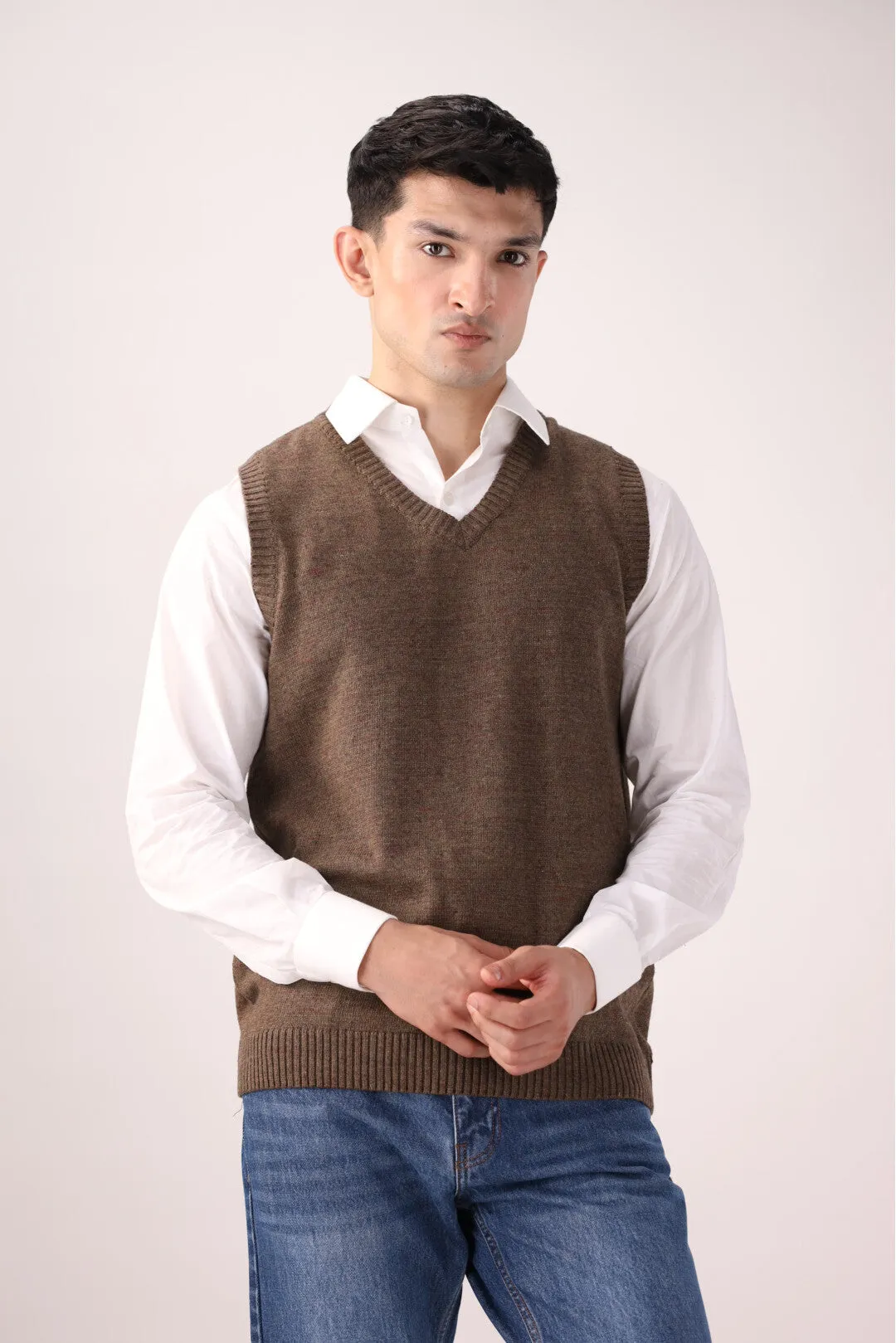 Brown Cotton Sleeveless Sweater