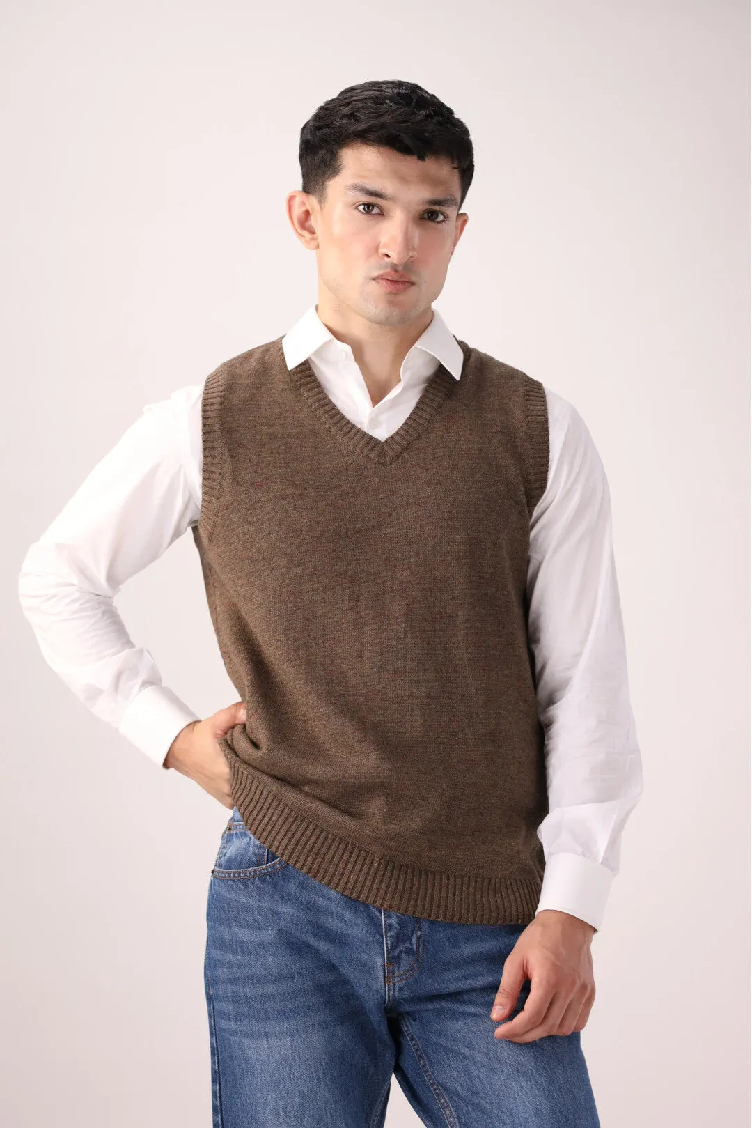 Brown Cotton Sleeveless Sweater