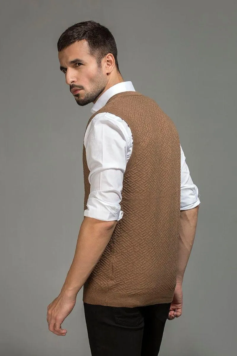 Brown V neck Sleeveless Sweater