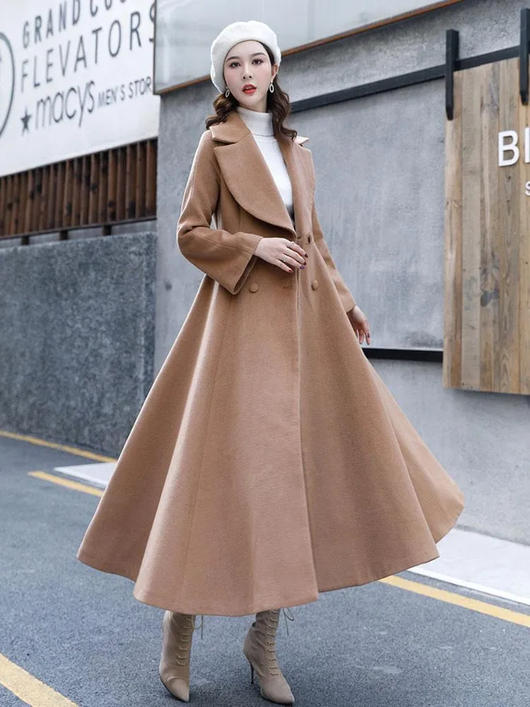 Full Length Coat For Woman V Neck Oversized Winter Wool Blend Outerwear