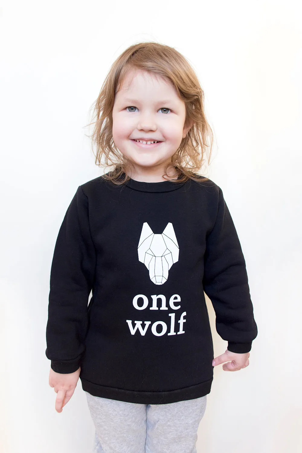 Kid's sweater ONE WOLF black with white logo (brushed inside)