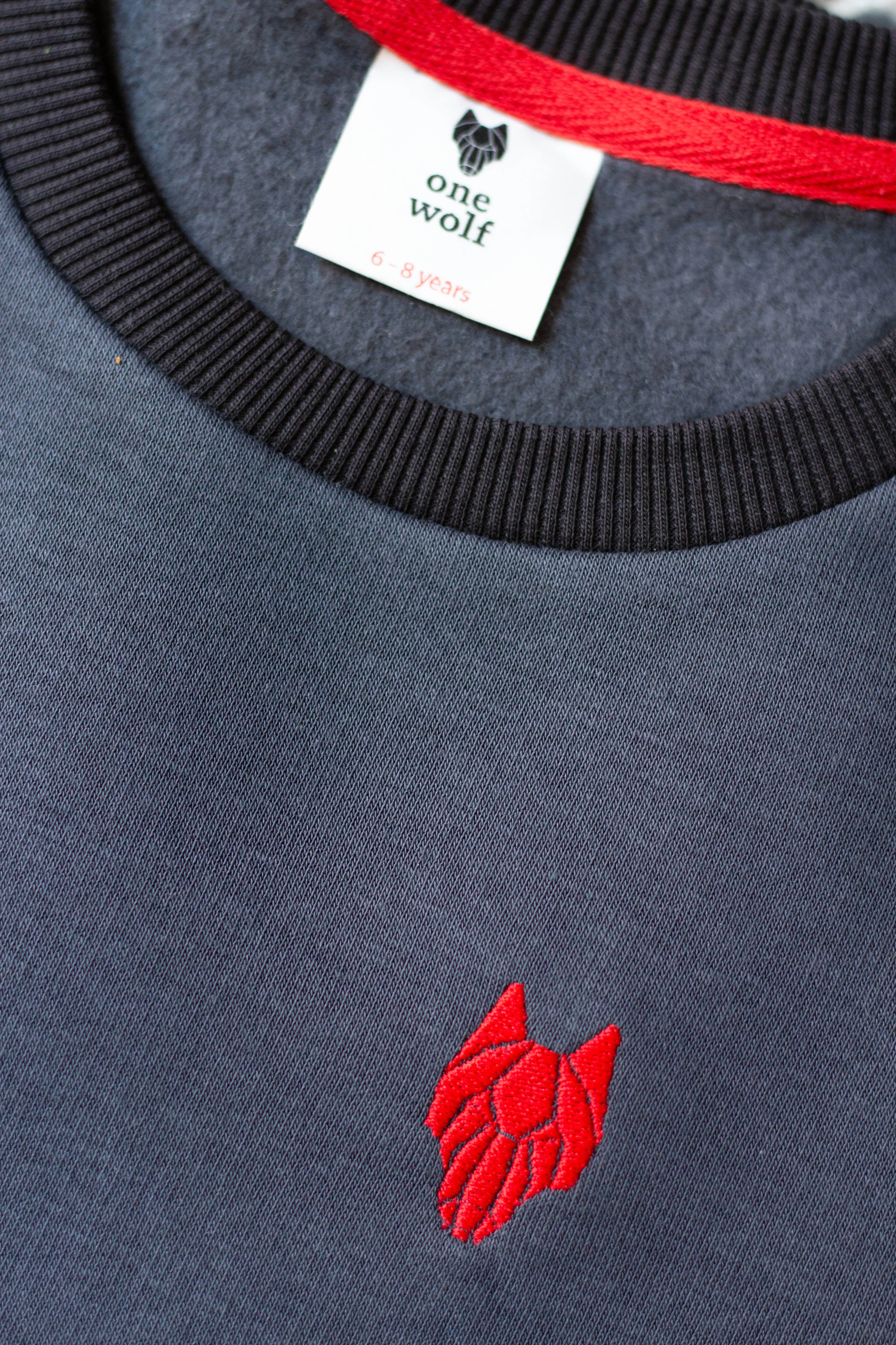 Kid’s sweater One Wolf, dark grey with red logo