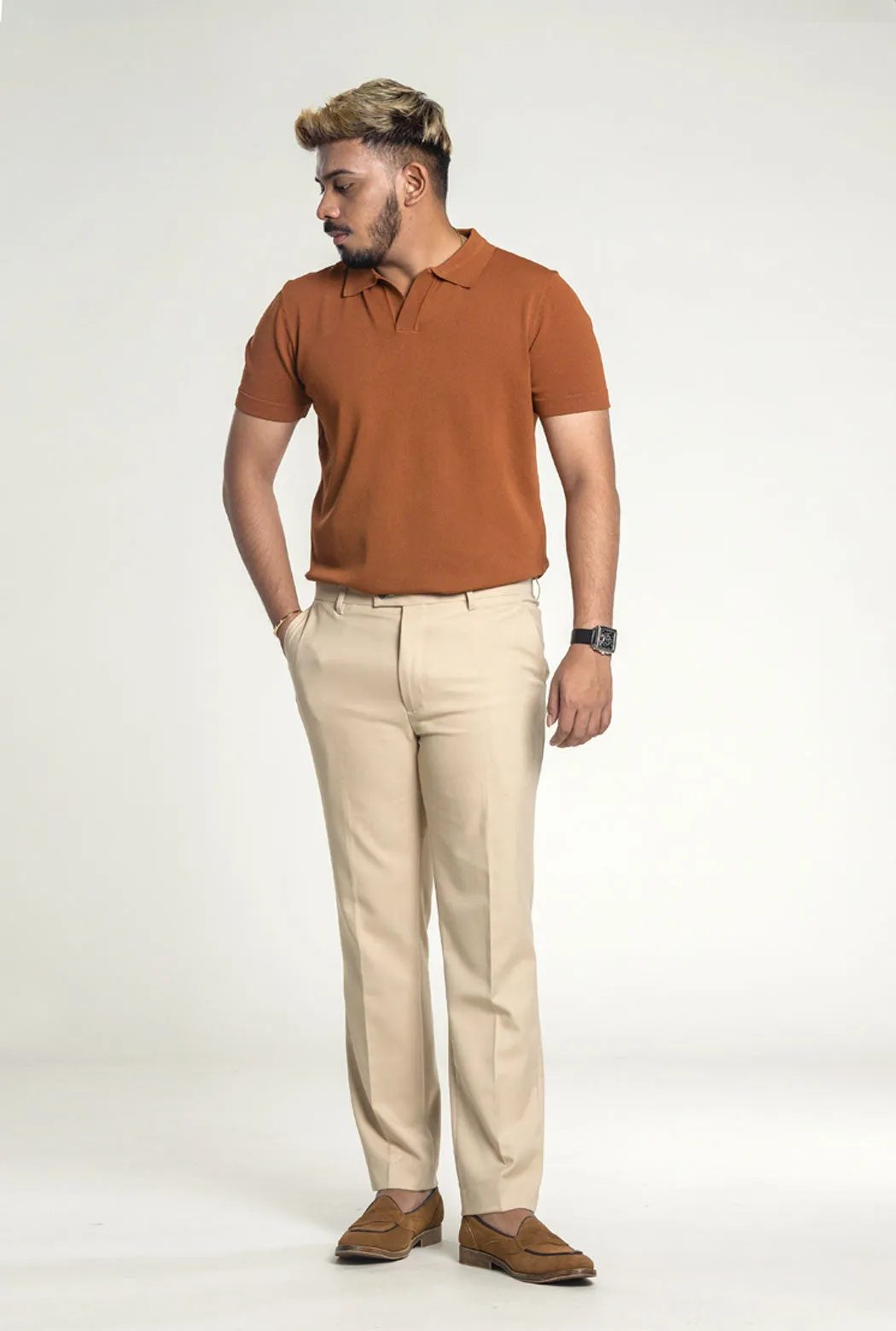 Knit  Polo Tee - Cinnamon Brown Open Collar