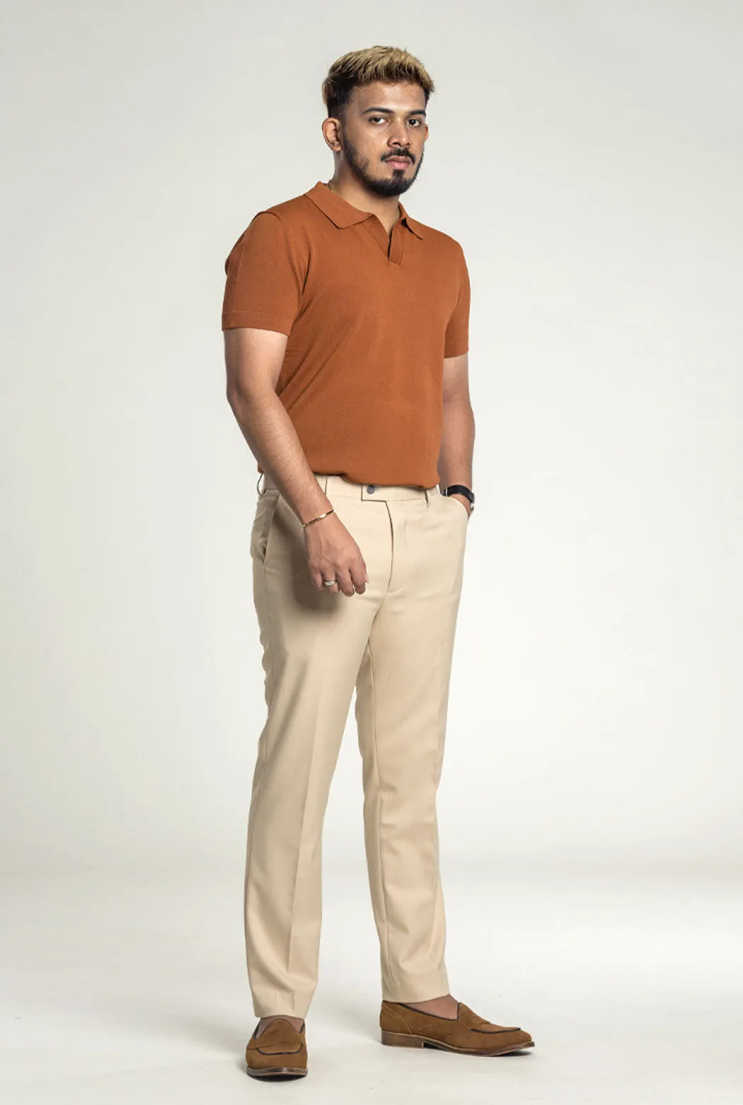 Knit  Polo Tee - Cinnamon Brown Open Collar