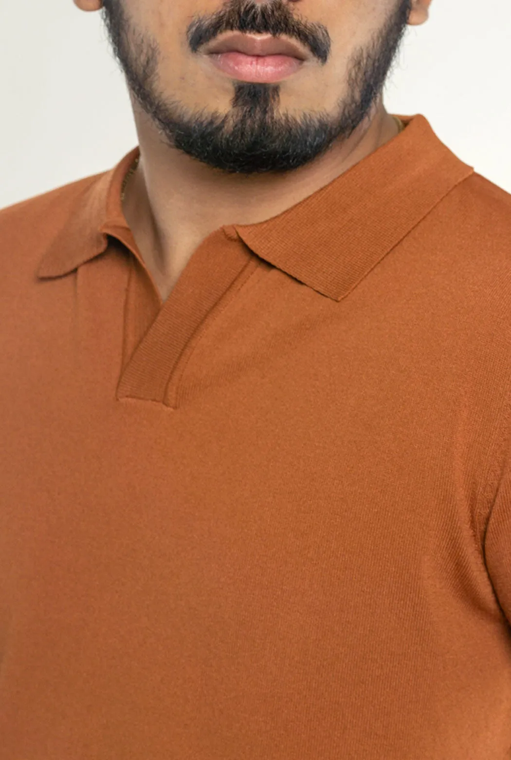 Knit  Polo Tee - Cinnamon Brown Open Collar