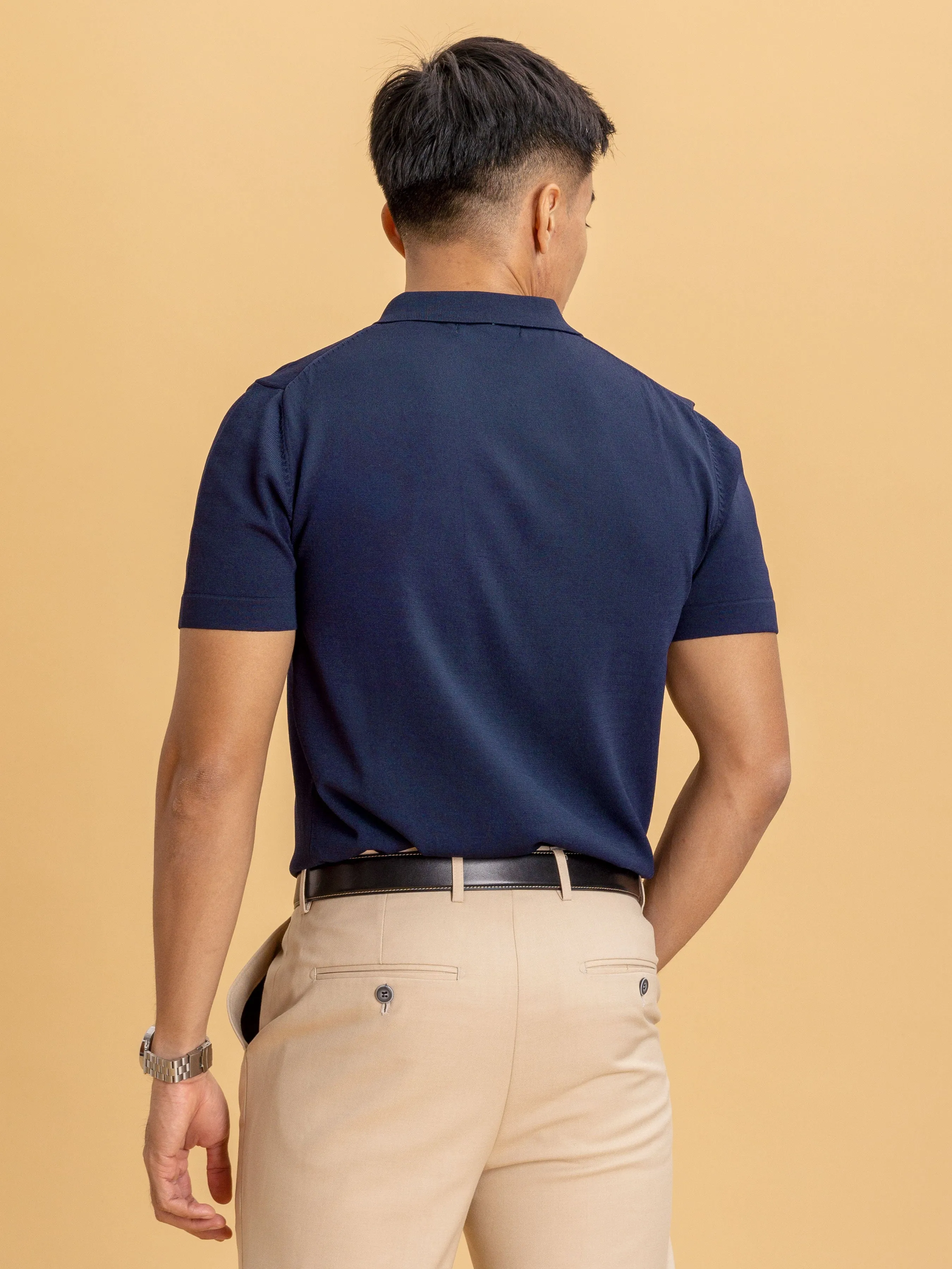 Knit Polo Tee - Navy Blue Open Collar