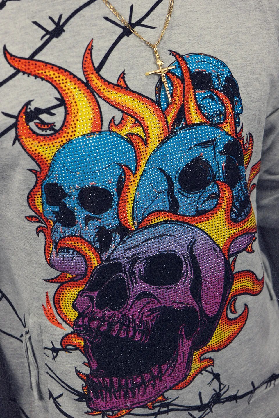 Men's Skull On Fire Hype Beast Streetwear Rhinestone Graphic Crewneck Sweatshirt| Heather Grey