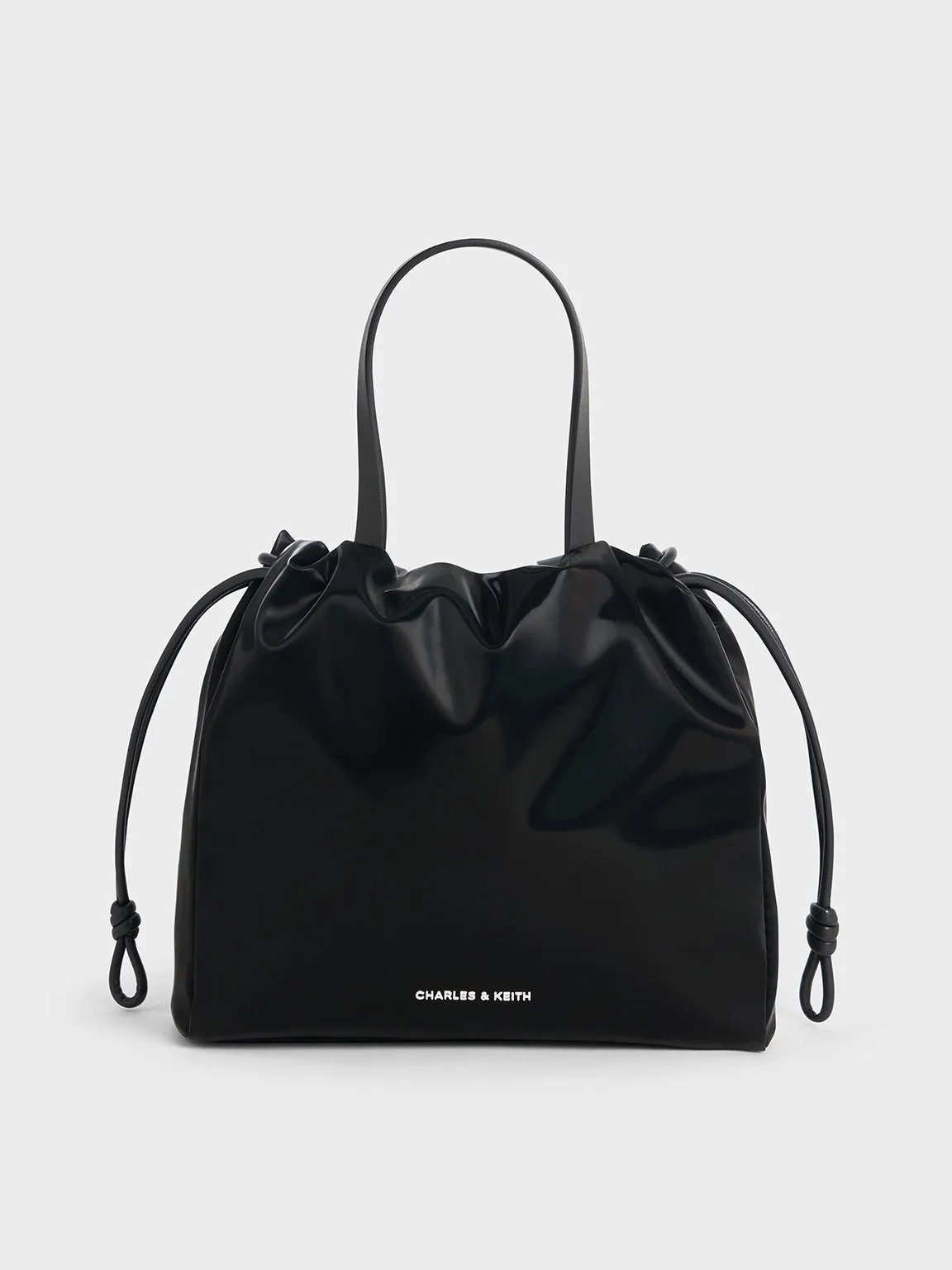 Mini Bethel Shiny Ruched Drawstring Tote Bag - Jet Black