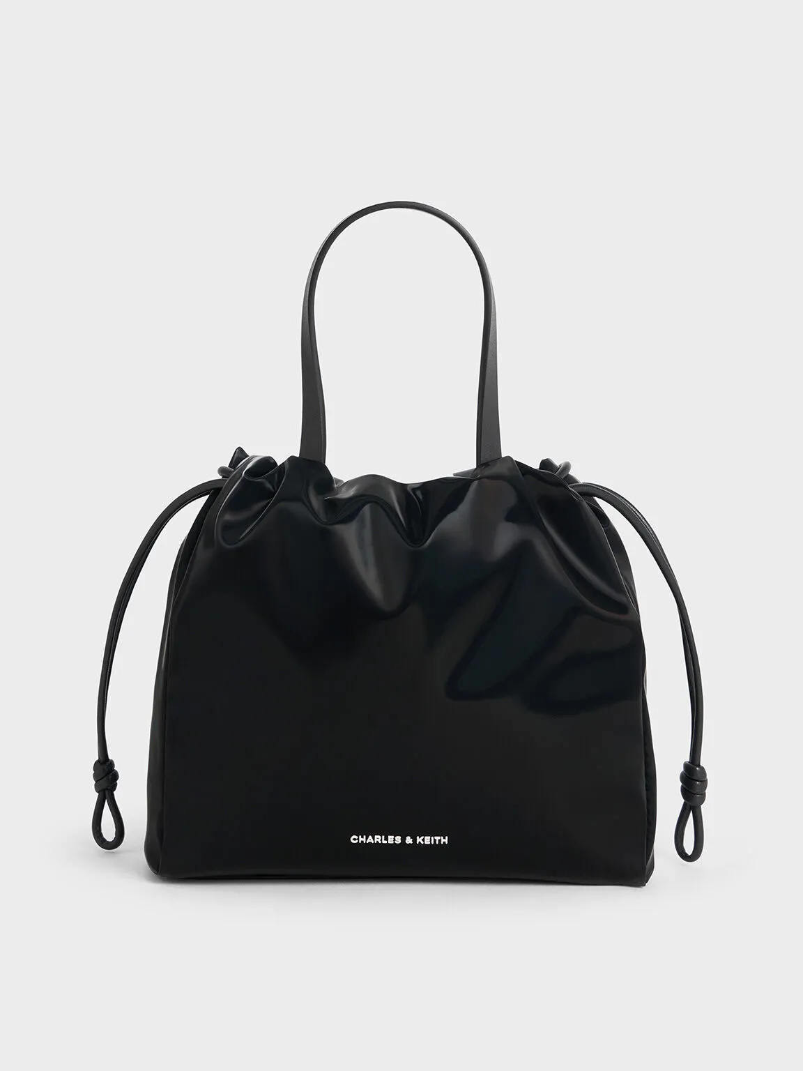 Mini Bethel Shiny Ruched Drawstring Tote Bag - Jet Black