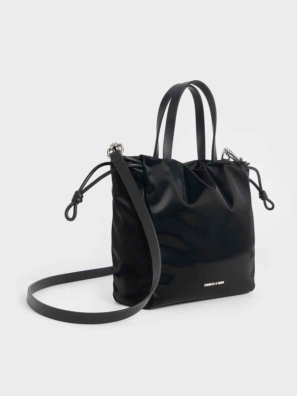 Mini Bethel Shiny Ruched Drawstring Tote Bag - Jet Black