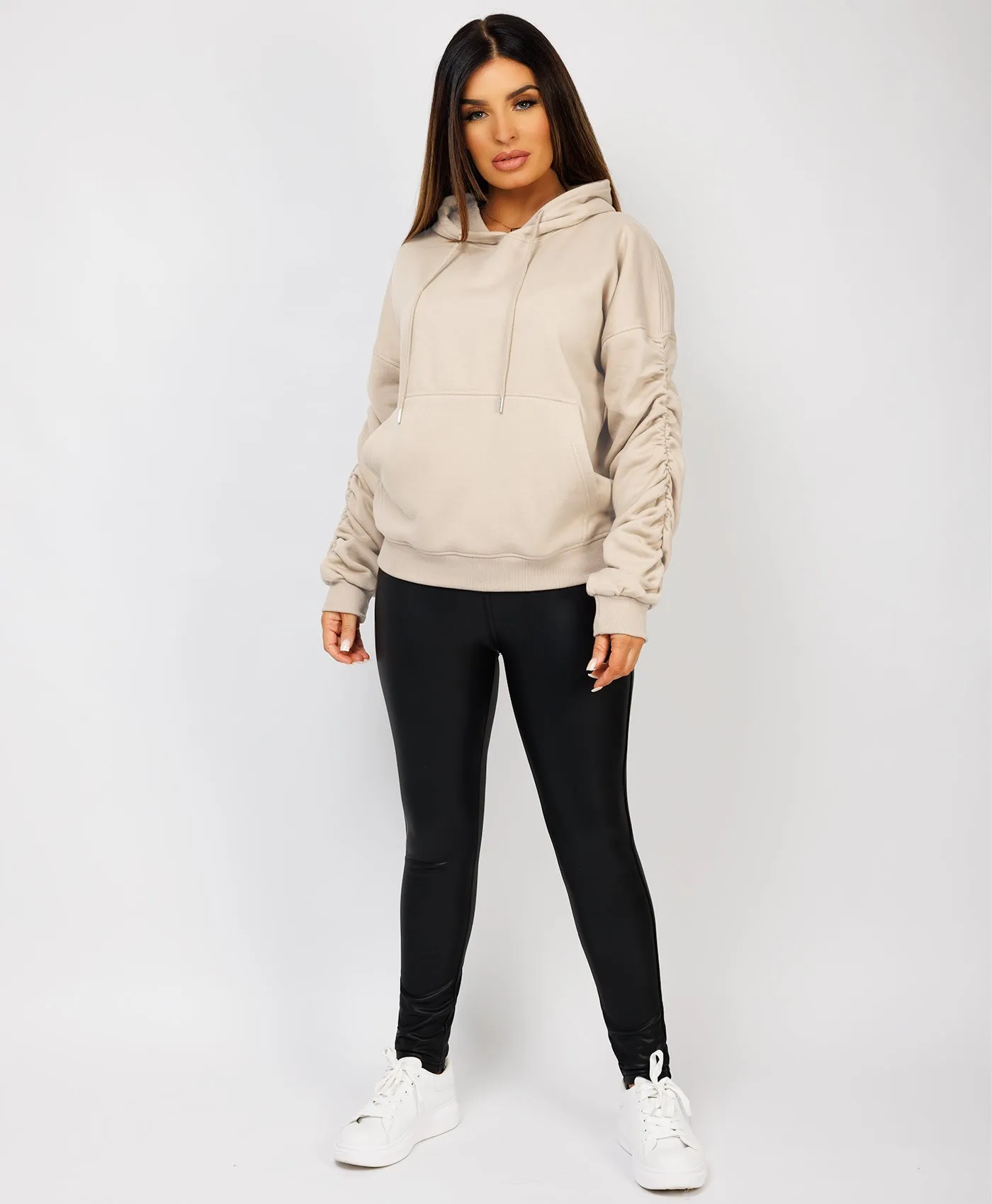 Oatmeal Ruched Sleeve Oversized Fit Hoodie