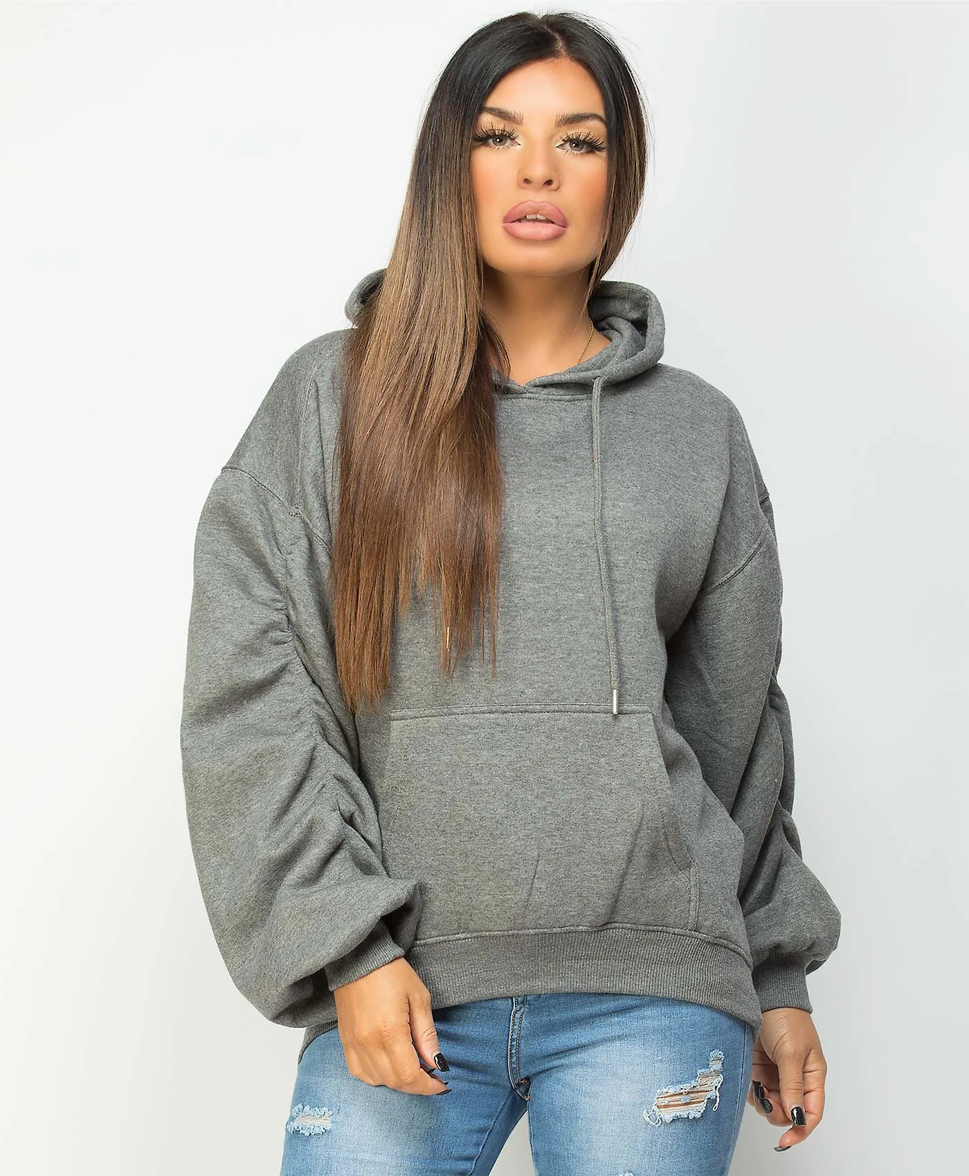 Ruched Sleeve Oversized Fit Hoodie