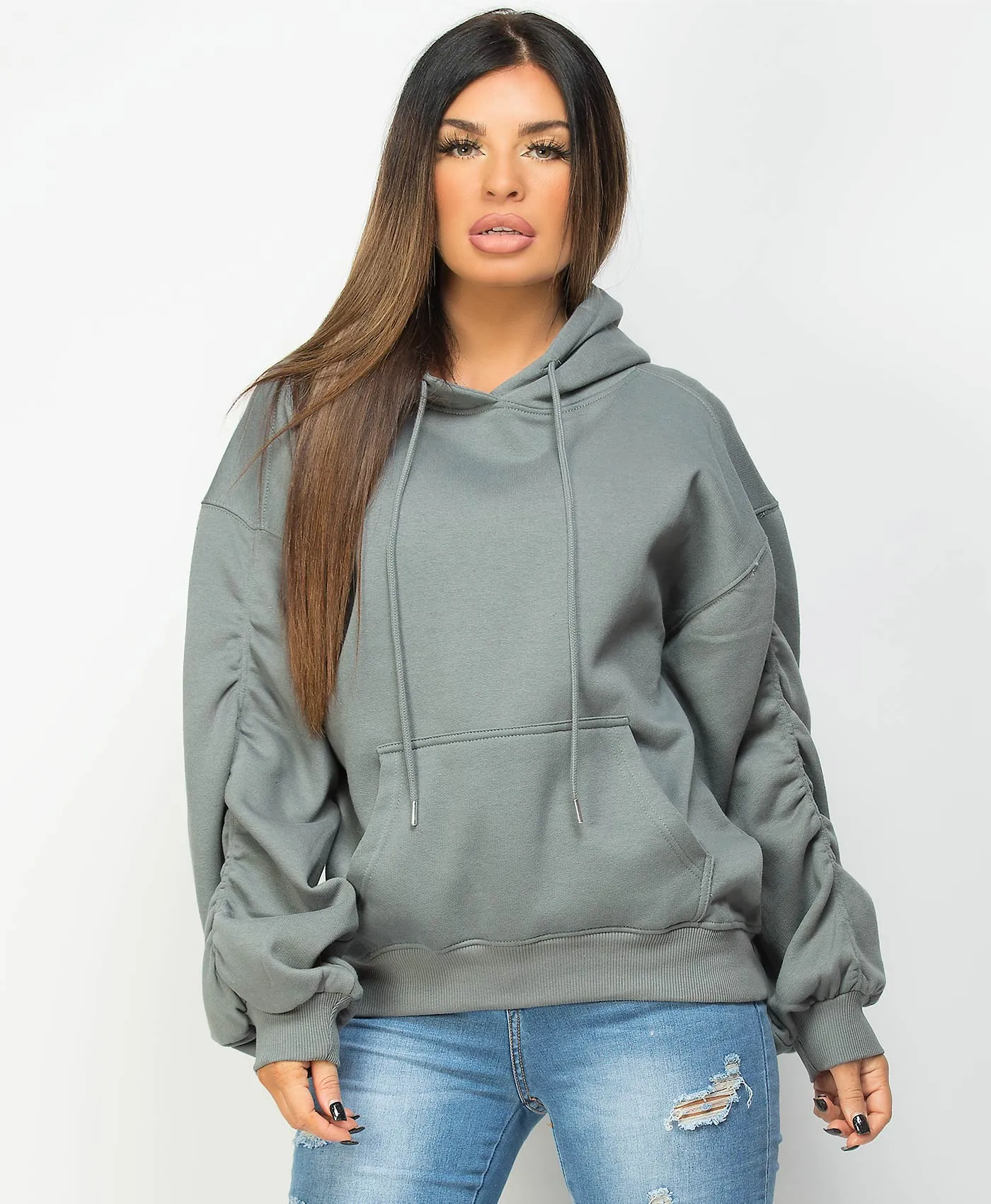 Ruched Sleeve Oversized Fit Hoodie