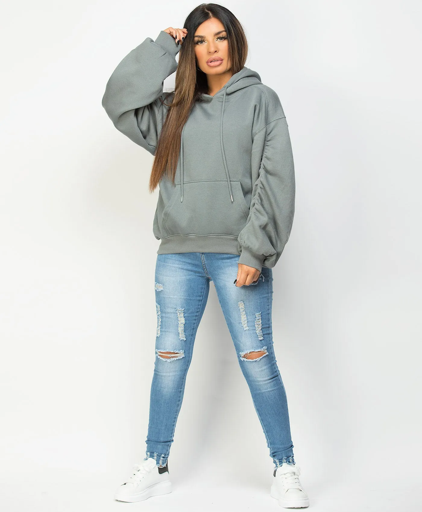 Ruched Sleeve Oversized Fit Hoodie