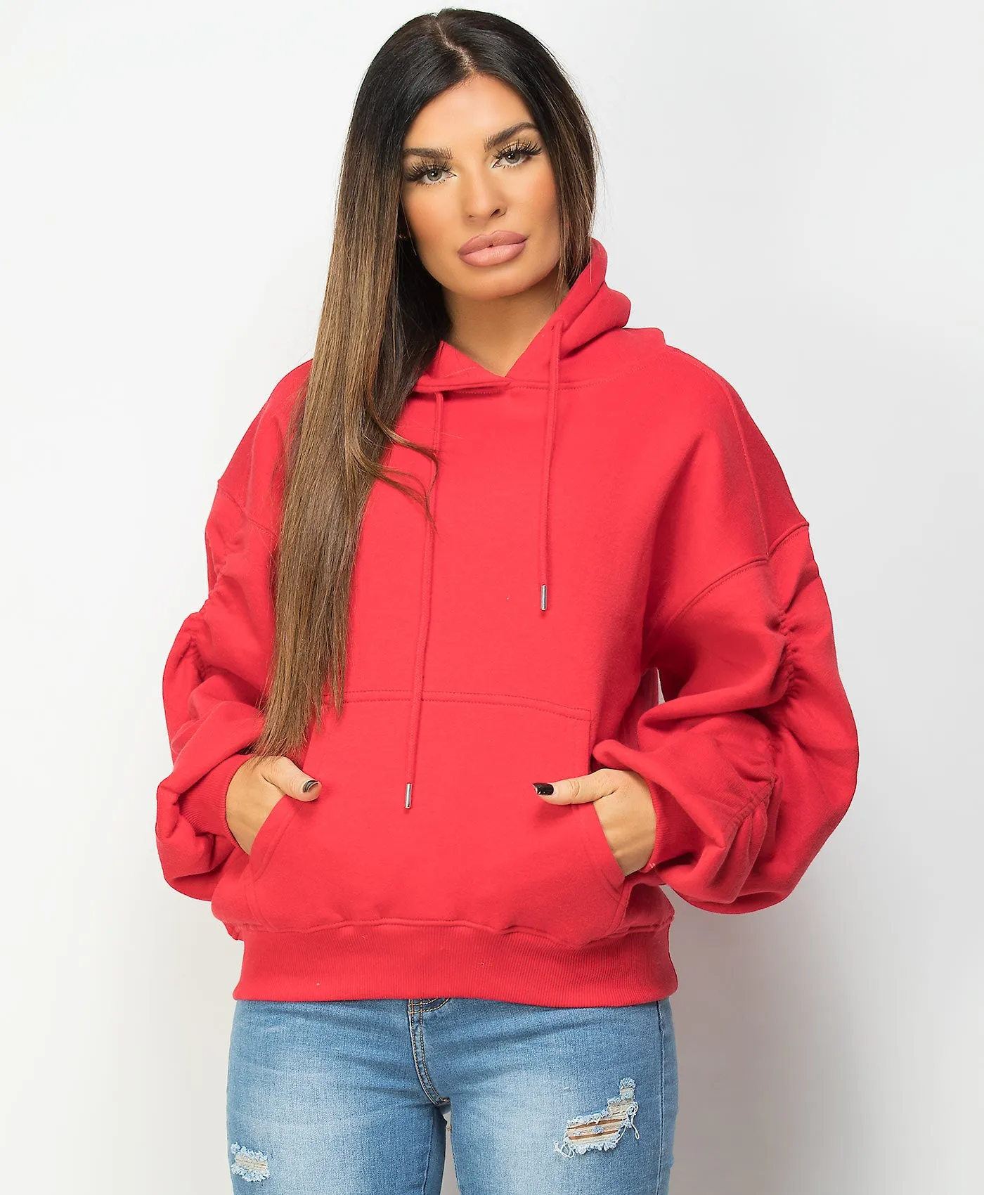 Ruched Sleeve Oversized Fit Hoodie