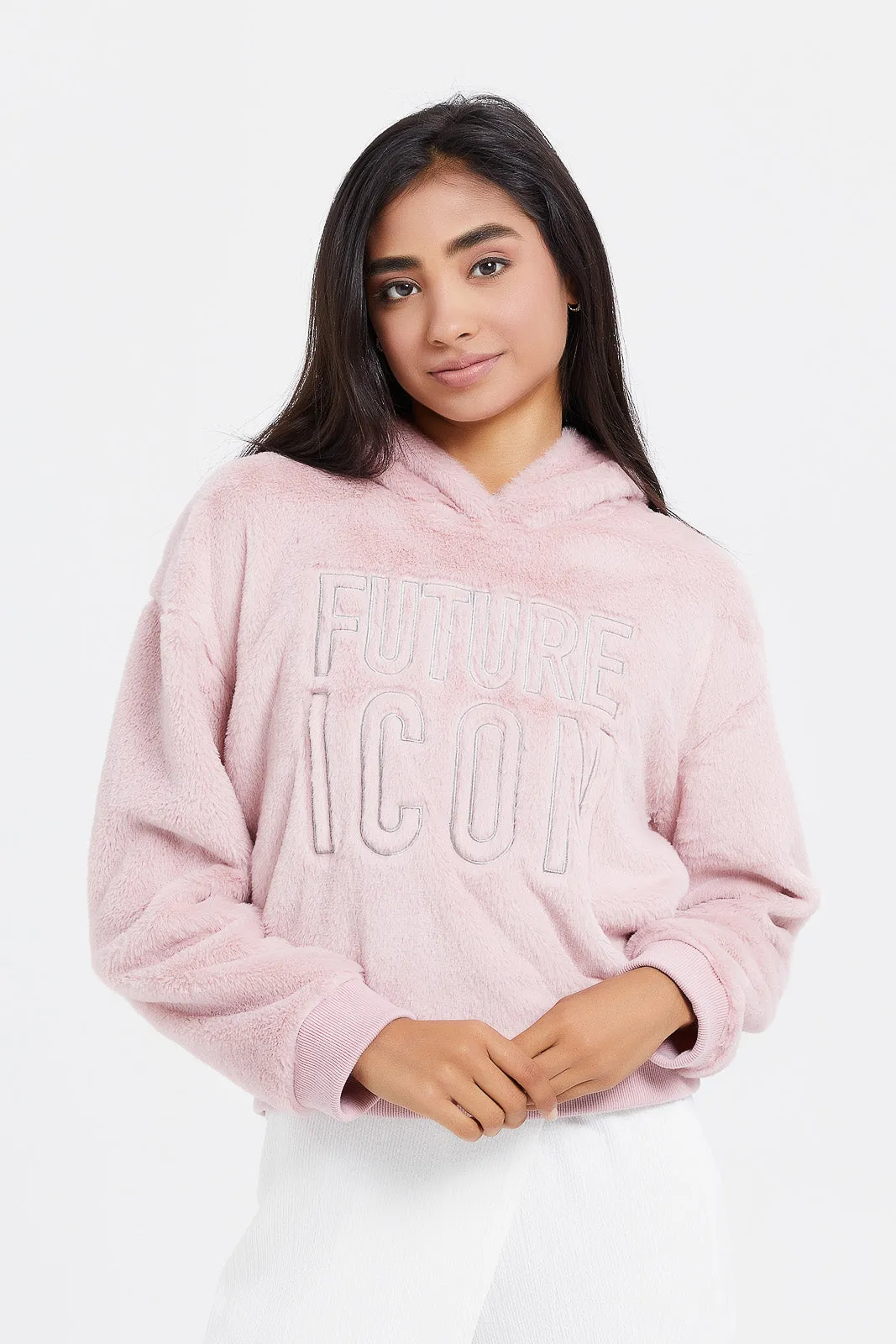 Senior Girls Pink Embroidered Fur Hoodie Sweatshirt