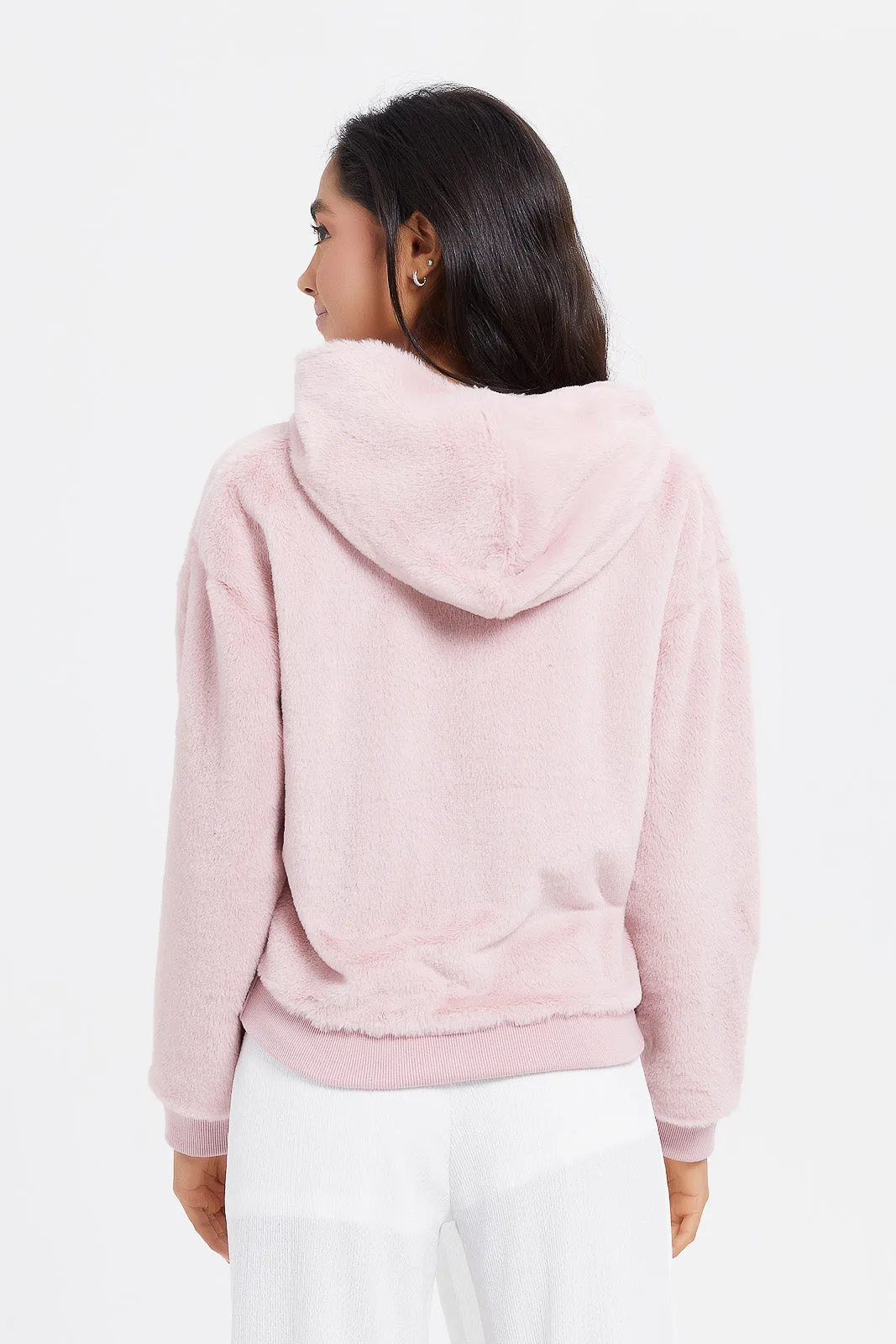 Senior Girls Pink Embroidered Fur Hoodie Sweatshirt