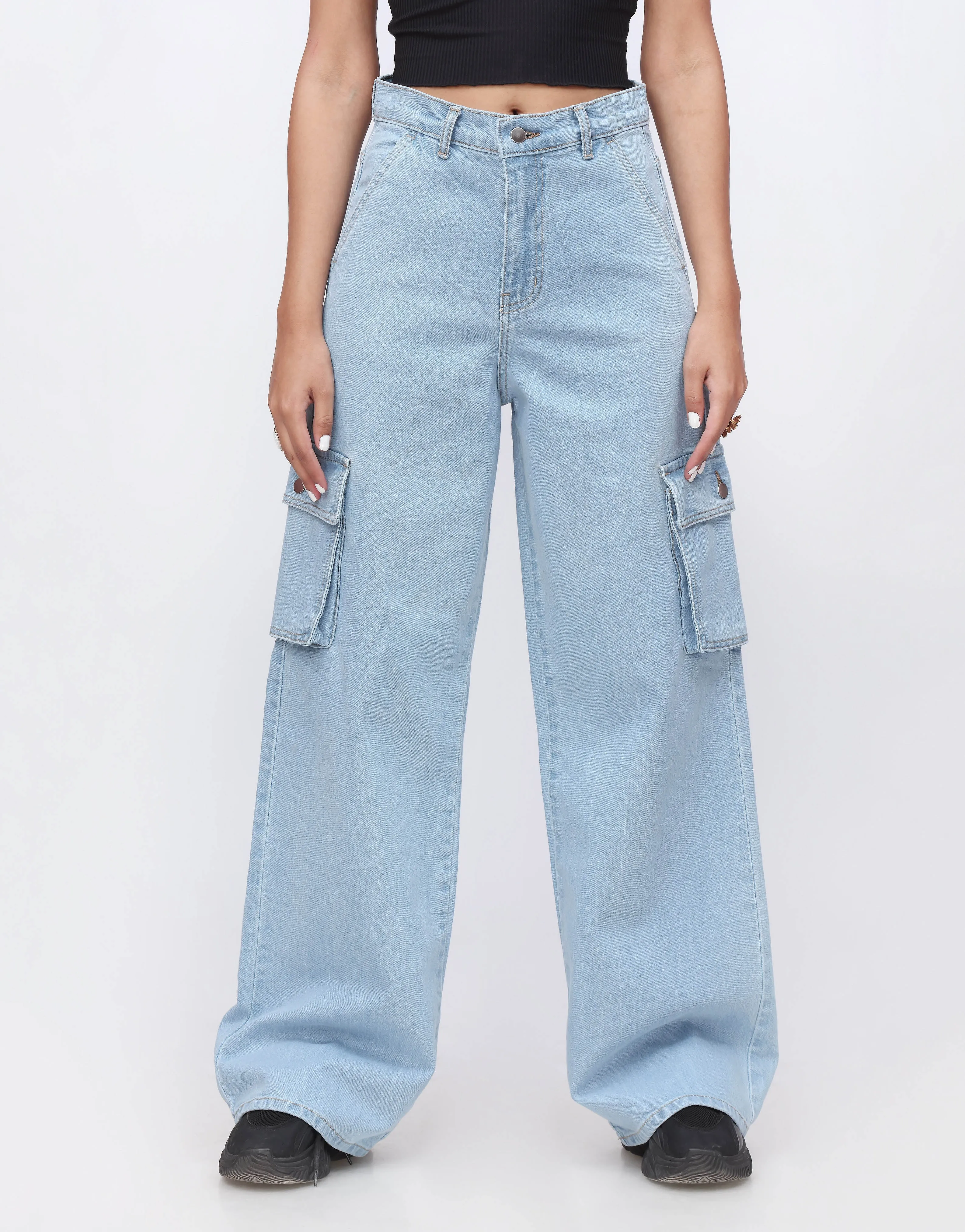 Wide Leg Cargo Jeans Light Wash