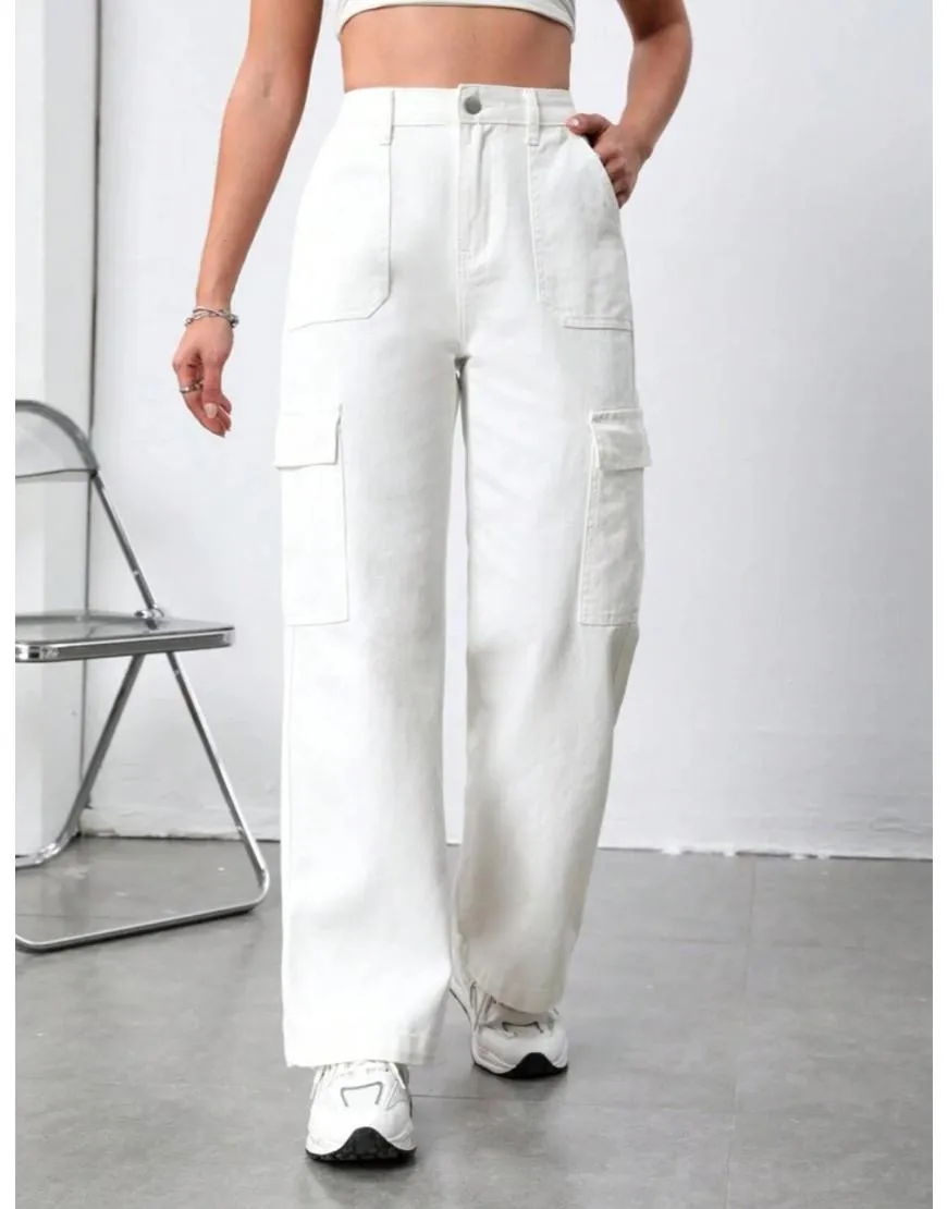 Wide Leg Flap Pocket Cargo White