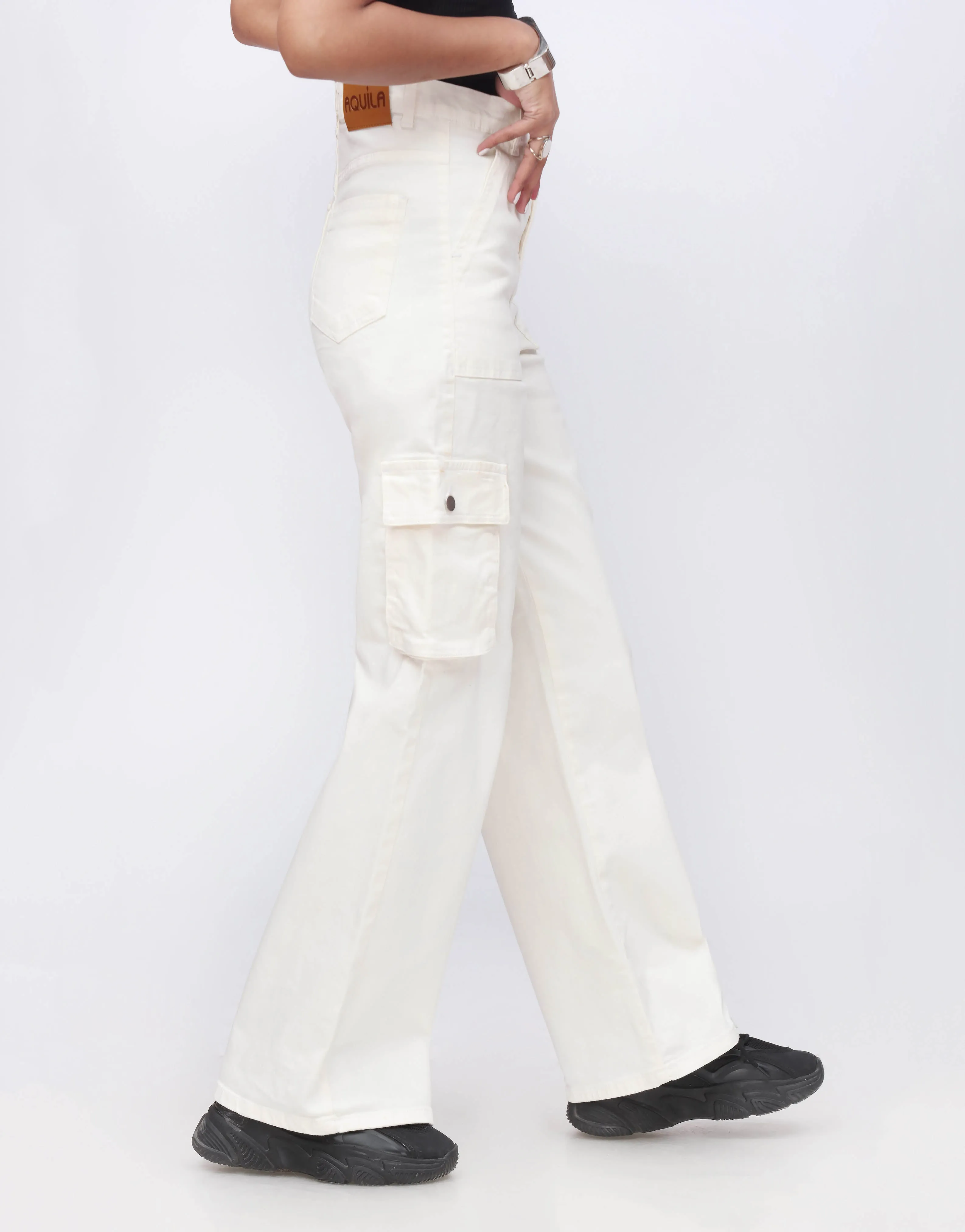 Wide Leg Flap Pocket Cargo White