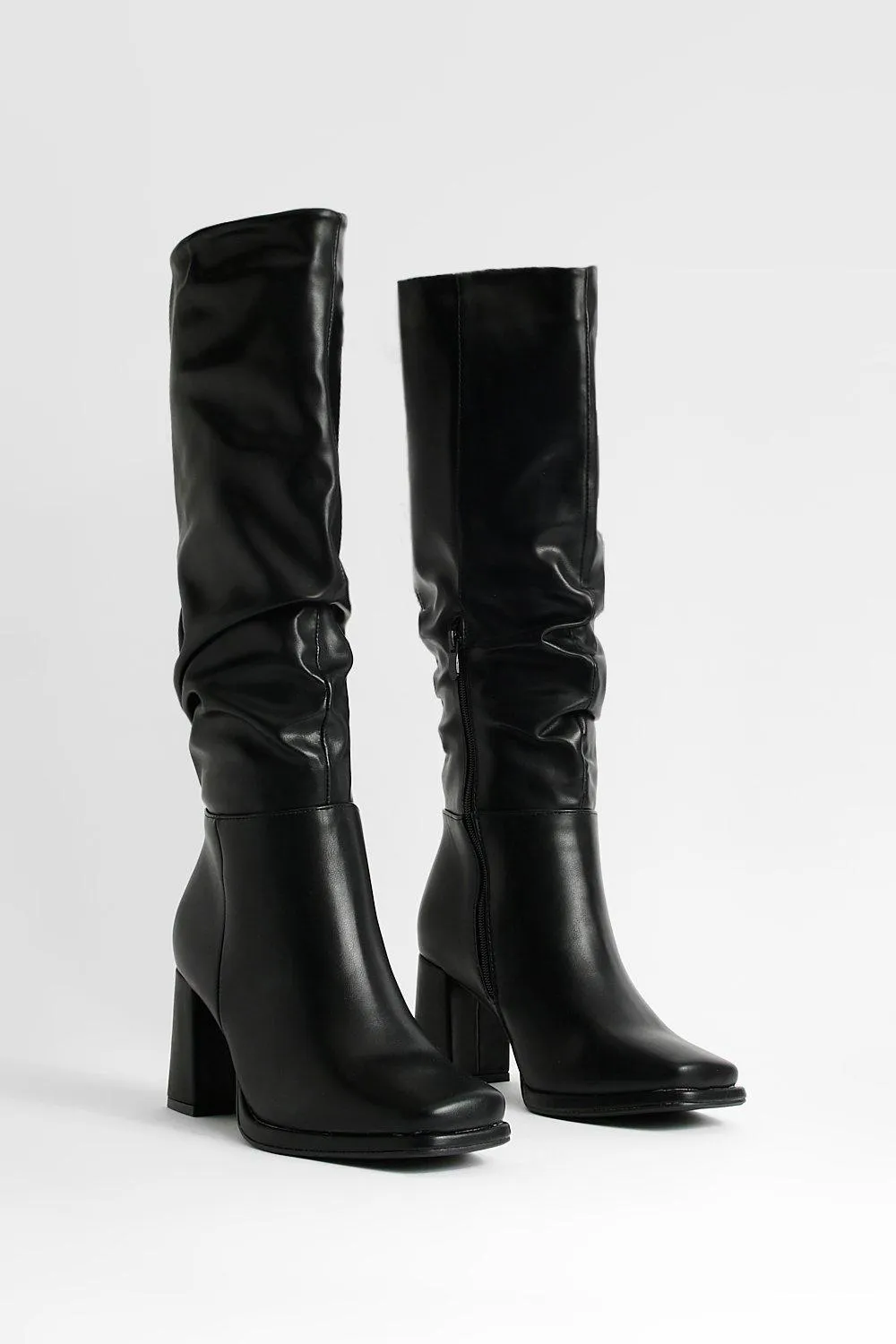 Wide Width Block Heel Ruched Knee High Boot