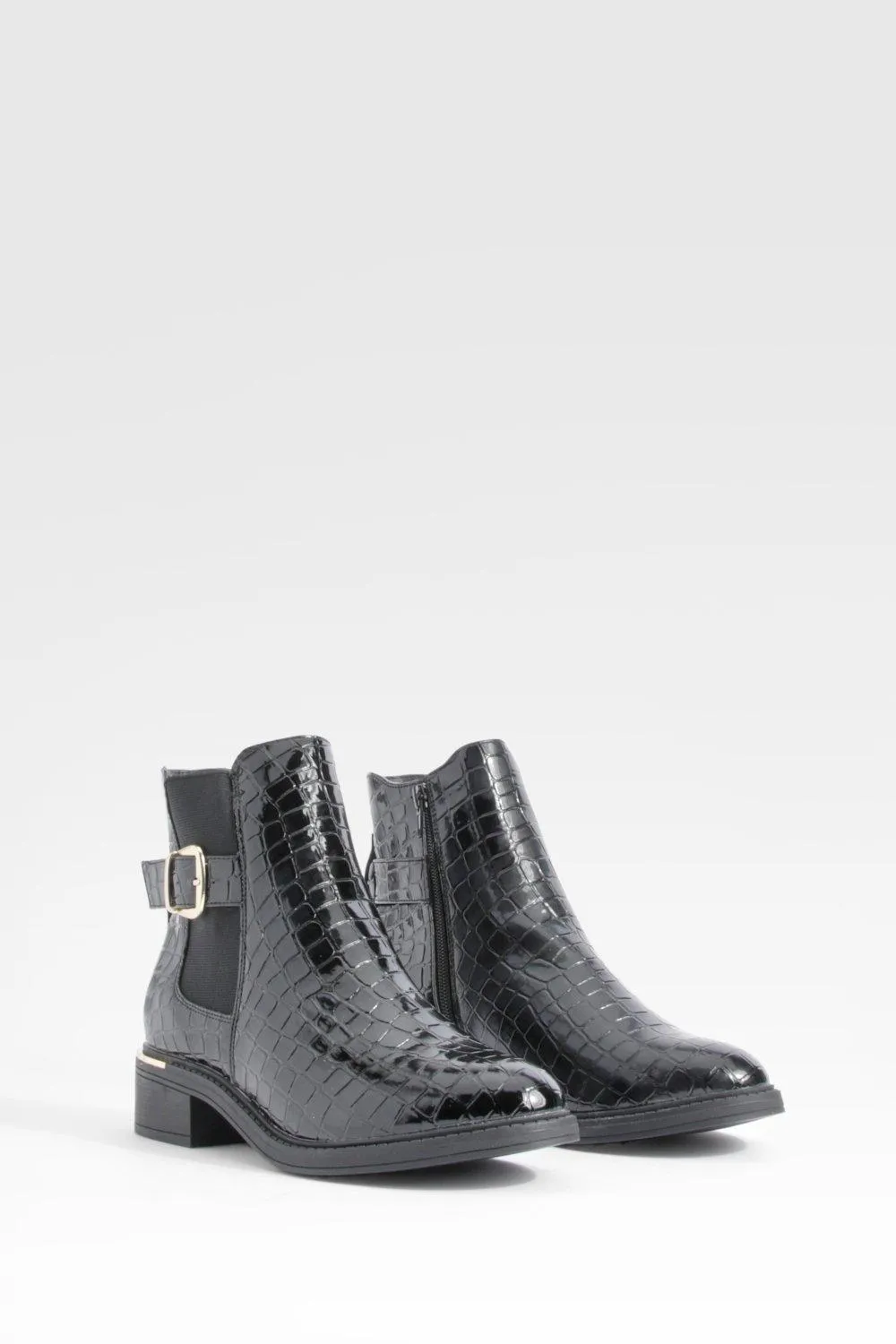 Wide Width Buckle Detail Patent Ankle Boot