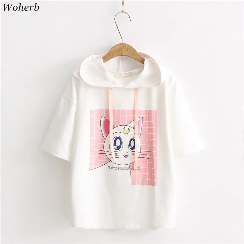 Woherb Woman Summer Hoodie Shirts  Short Sleeves Cotton Hoodies Kitten Printing T-shirt Casual Female Clothing Tops T33084 SM6