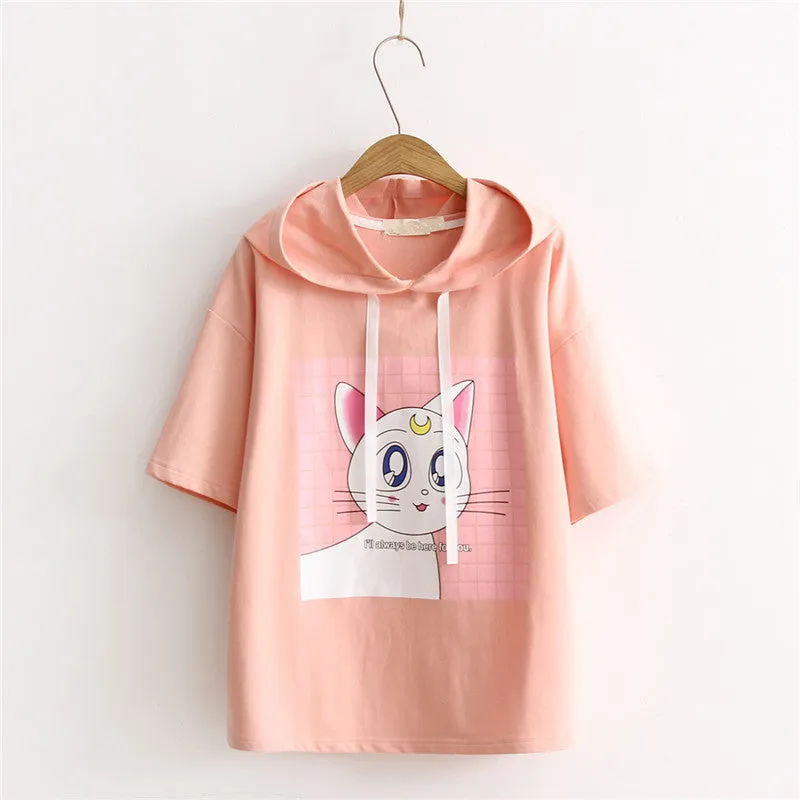 Woherb Woman Summer Hoodie Shirts  Short Sleeves Cotton Hoodies Kitten Printing T-shirt Casual Female Clothing Tops T33084 SM6