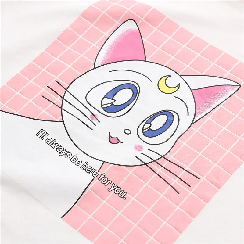 Woherb Woman Summer Hoodie Shirts  Short Sleeves Cotton Hoodies Kitten Printing T-shirt Casual Female Clothing Tops T33084 SM6