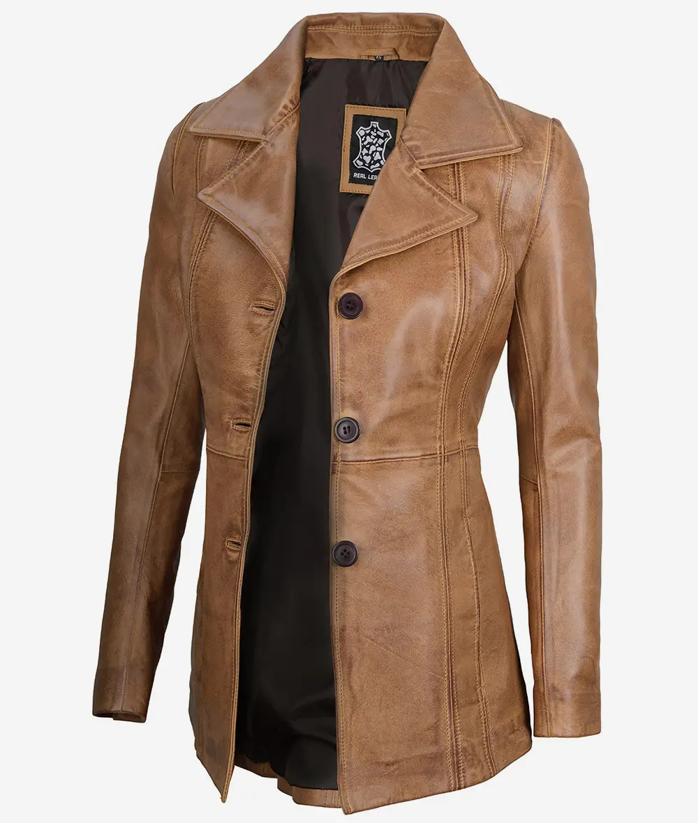 Women's Three Button Camel Brown Leather Blazer