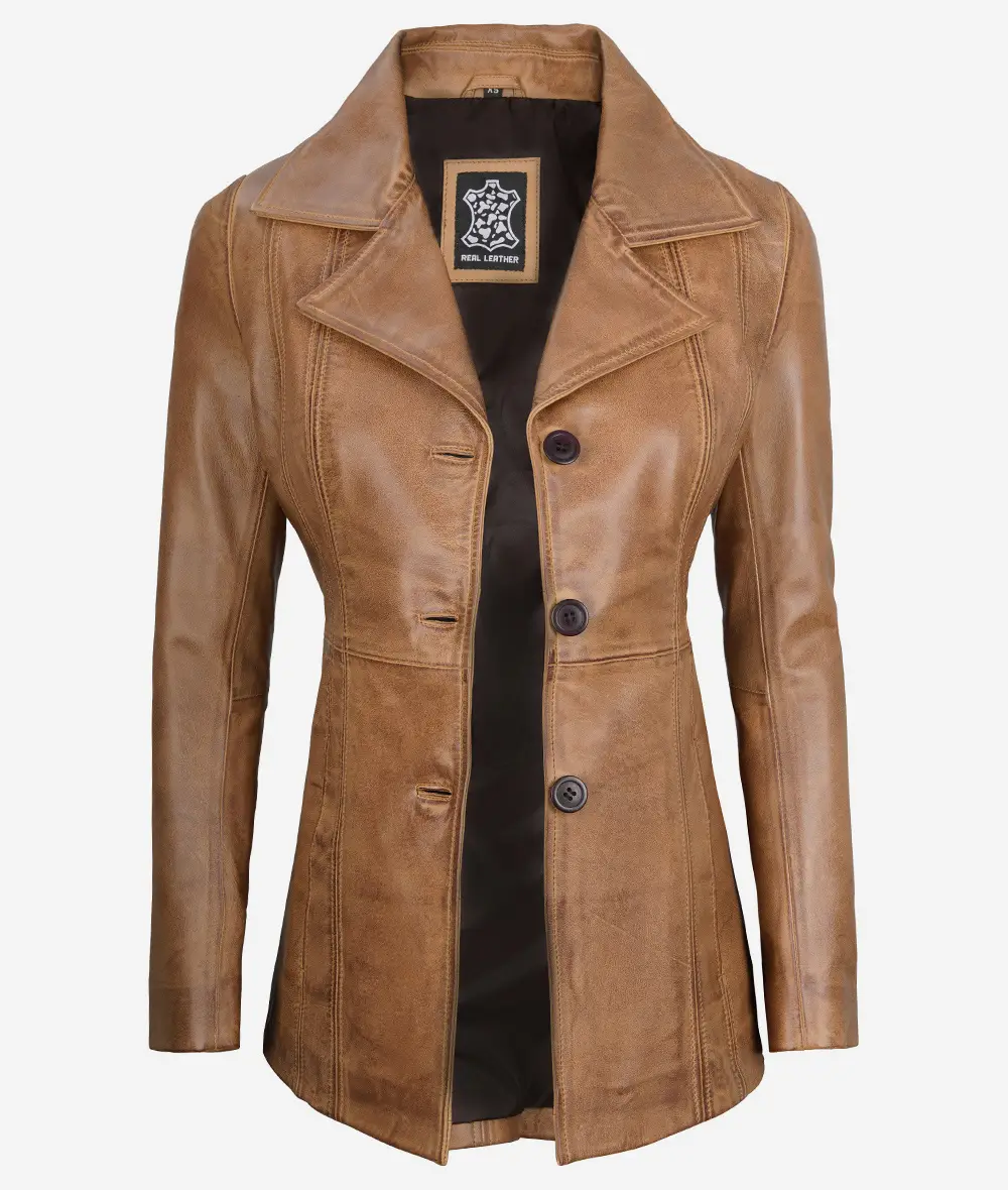 Women's Three Button Camel Brown Leather Blazer