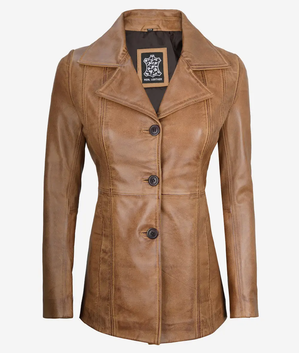 Women's Three Button Camel Brown Leather Blazer