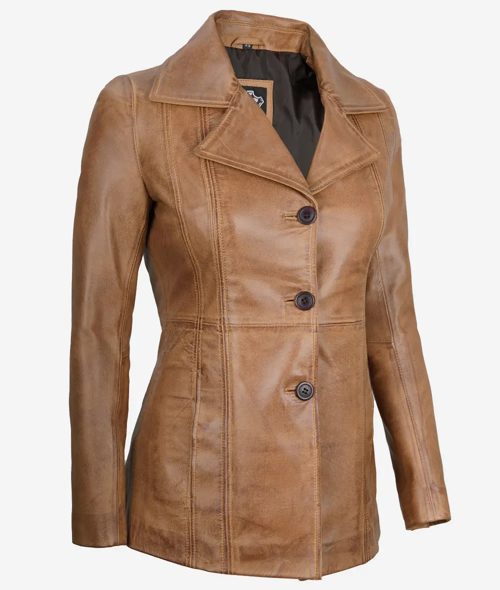 Women's Three Button Camel Brown Leather Blazer