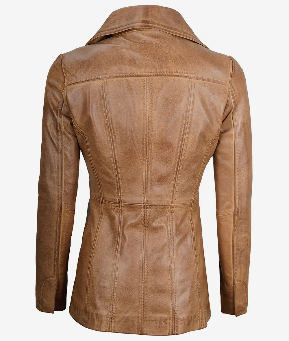 Women's Three Button Camel Brown Leather Blazer